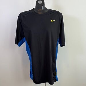 Nike Men's Black Tee with Blue Accents and Yellow Logo